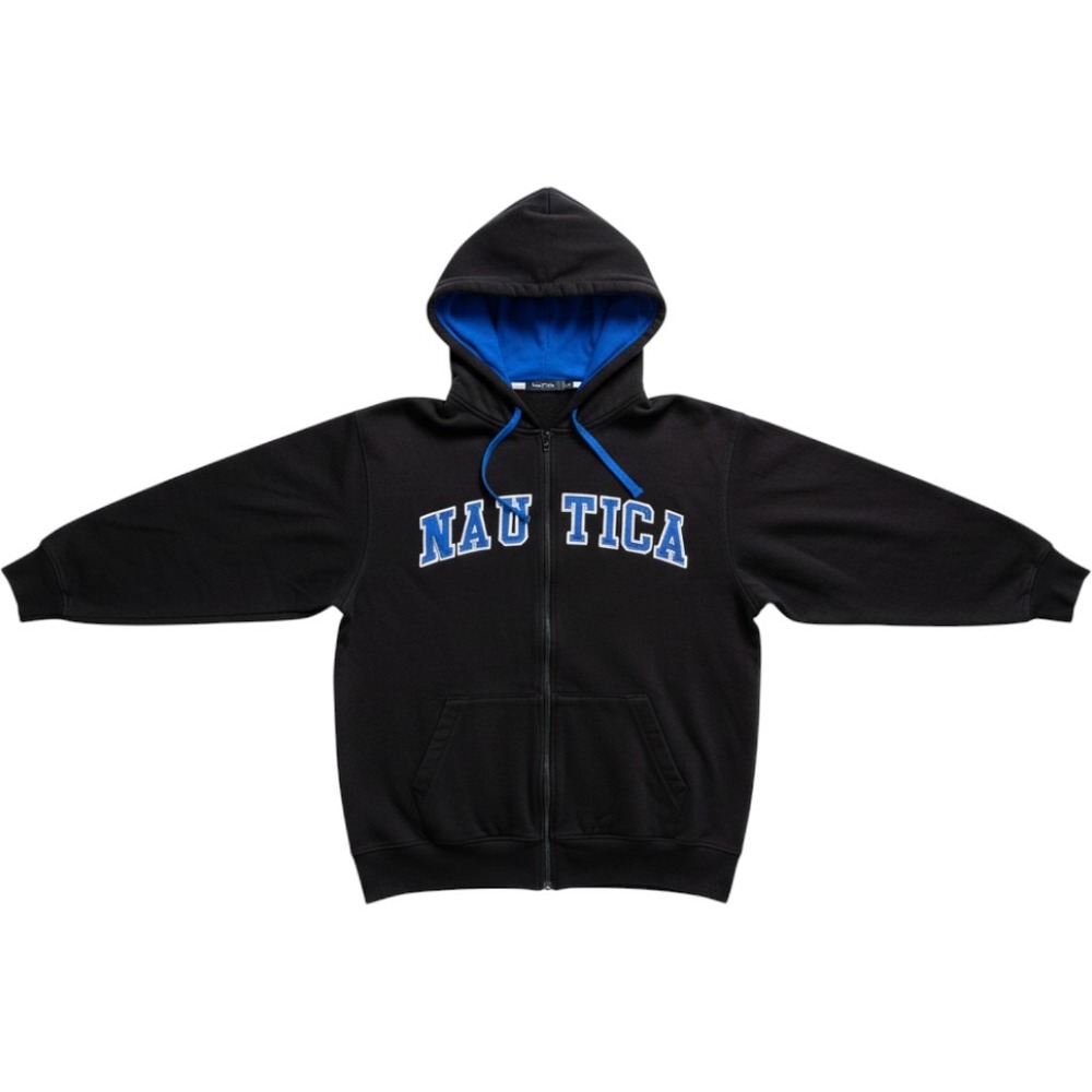 Nautica Mens Full Zip Hoodie Black Blue Arched Logo Fleece Sweatshirt XXL